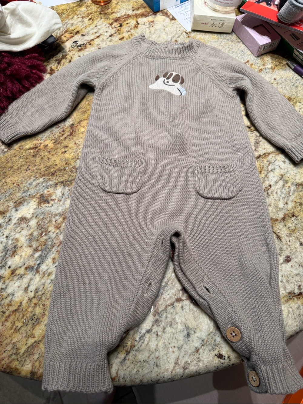 Jamie Kay Taupe Knit Baby One-Piece Romper with Puppy Appliqué